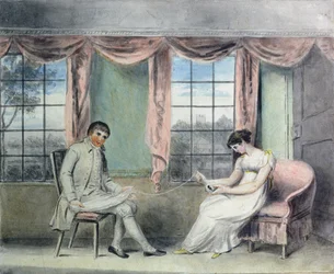 Una mujer y su pretendiente hilando hilo